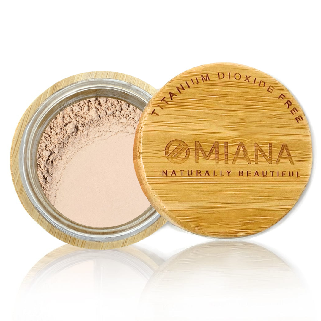 Omiana Driven Loose Powder Mineral Foundation - Without Mica, Titanium Dioxide, & More! - swatch on white background