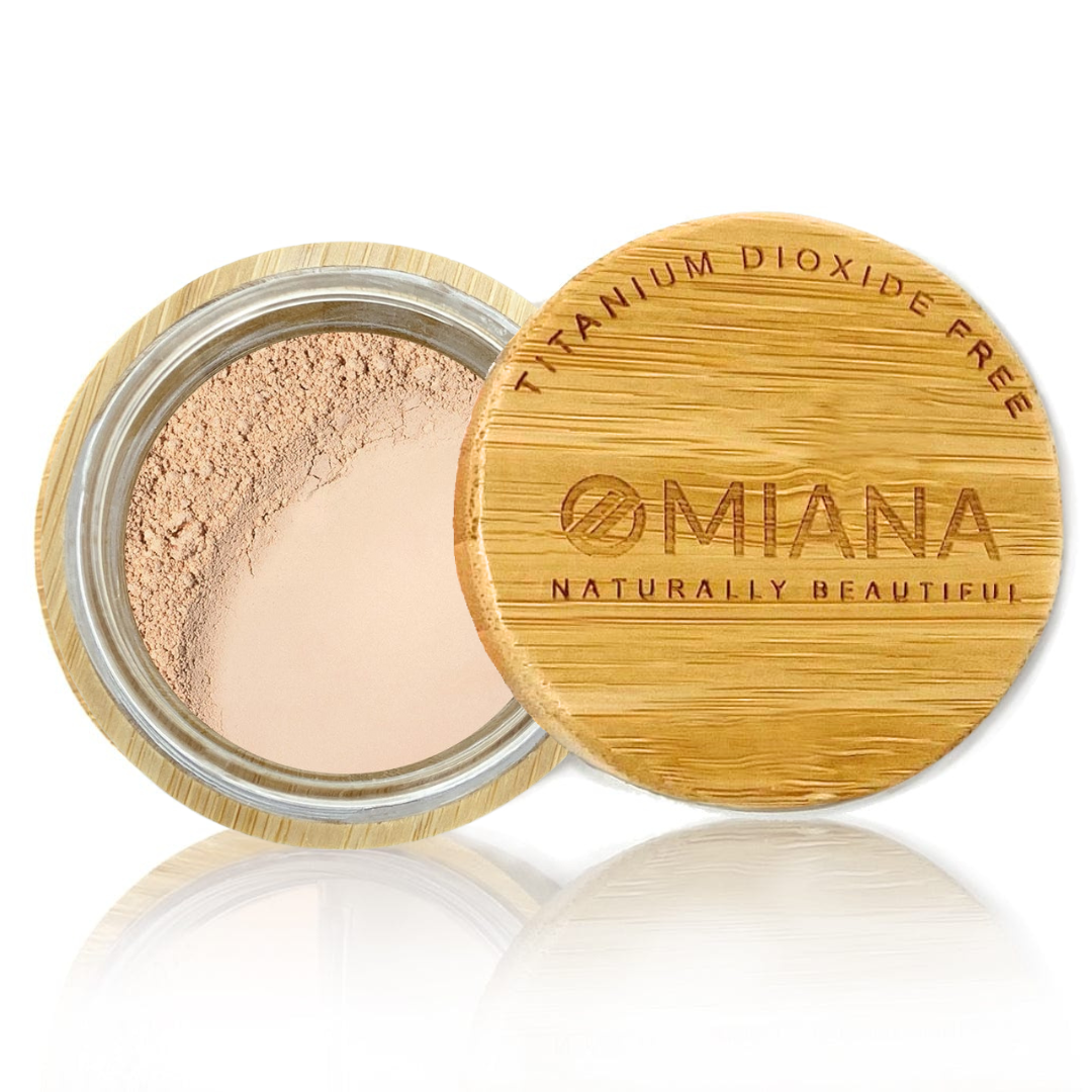 Omiana Thoughtful Loose Powder Mineral Foundation - Without Mica, Titanium Dioxide, & More! - swatch on white background