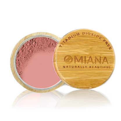 Omiana Loose Powder Mineral Blush Makeup in a bamboo container on a white background