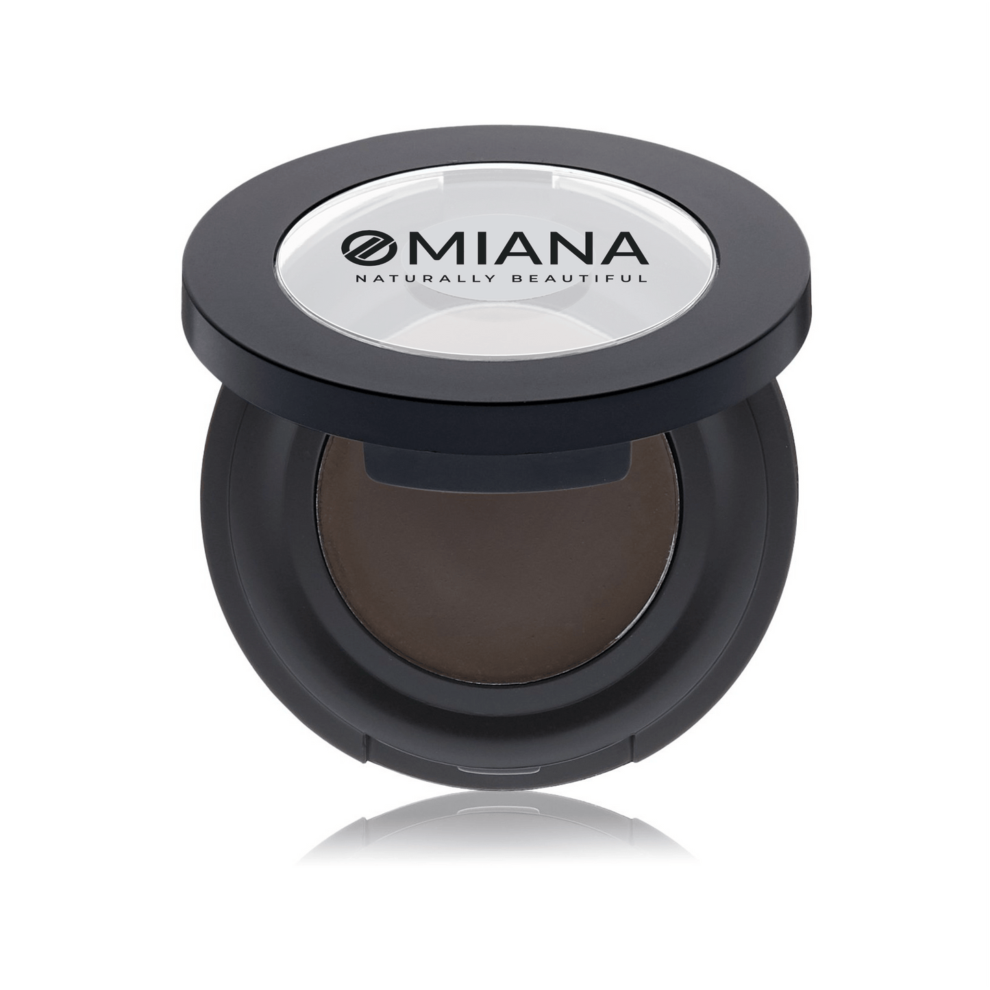 Compact powder vegan mineral brow cream in a black case with Omiana branding on a white background