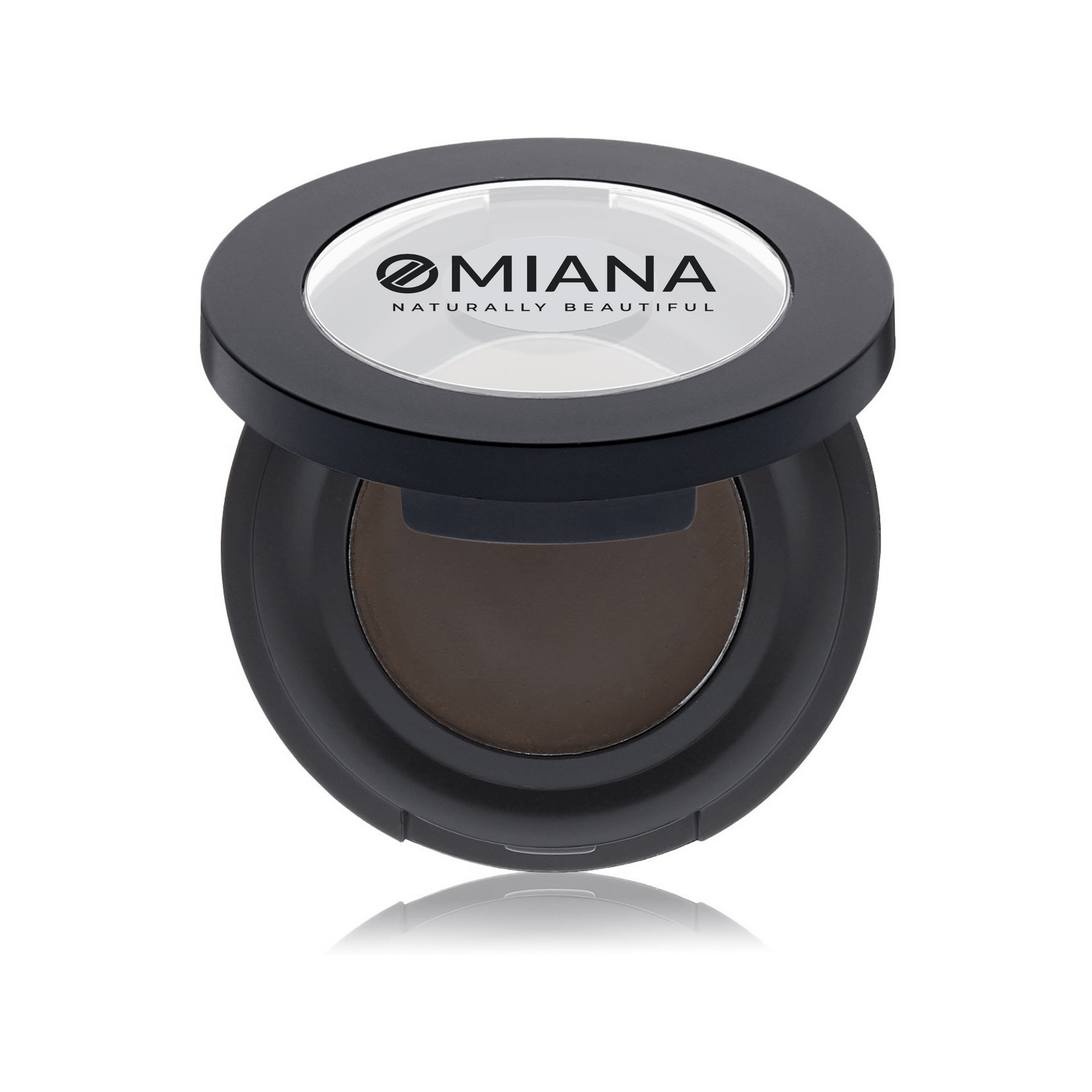 Compact powder vegan mineral brow cream in a black case with Omiana branding on a white background