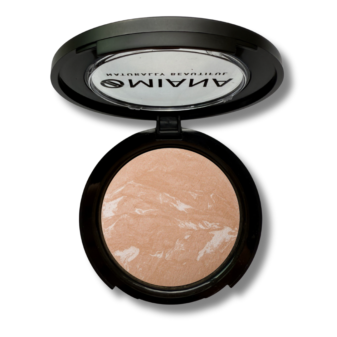 Open Mineral Makeup compact with beige baked cream powder and visible Omiana brand name on a white background