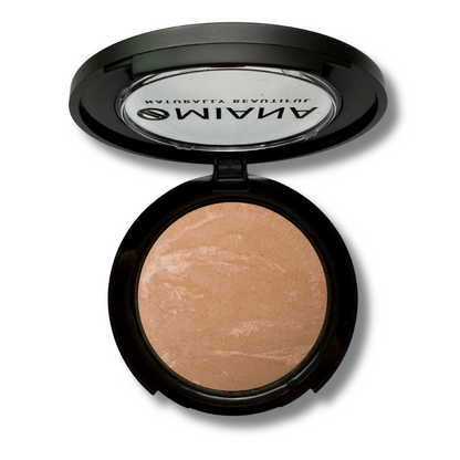 Open Mineral Makeup compact with beige baked cream powder and visible Omiana brand name on a white background