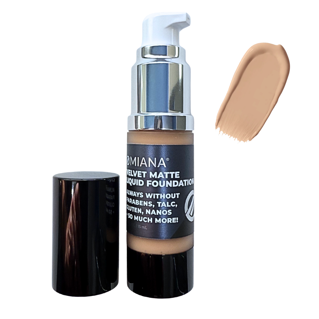 Omiana Velvet Matte Liquid Foundation with pump and swatch on white background