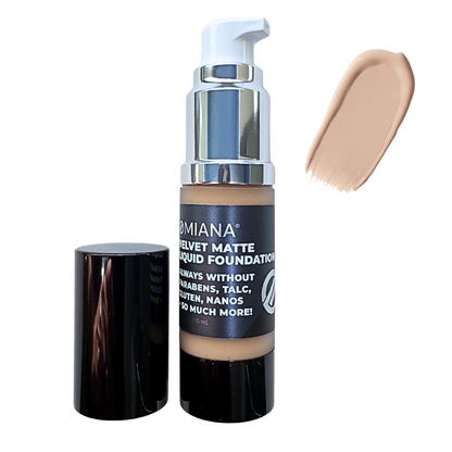 Omiana Velvet Matte Liquid Foundation with pump and swatch on white background
