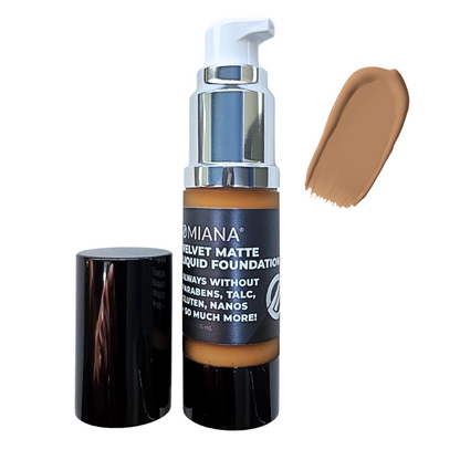 Omiana Velvet Matte Liquid Foundation with pump and swatch on white background