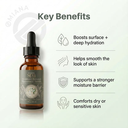 Omiana Spa skincare Moisture Balance Hyaluronic Serum in a brown glass bottle with key benefits listed on a light background
