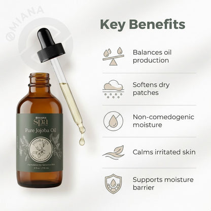 Bottle of pure jojoba oil with a dropper and key benefits listed on a white background.
