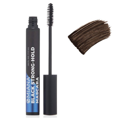Omiana Strong-Hold mascara with wand and brown product swatch on a white background
