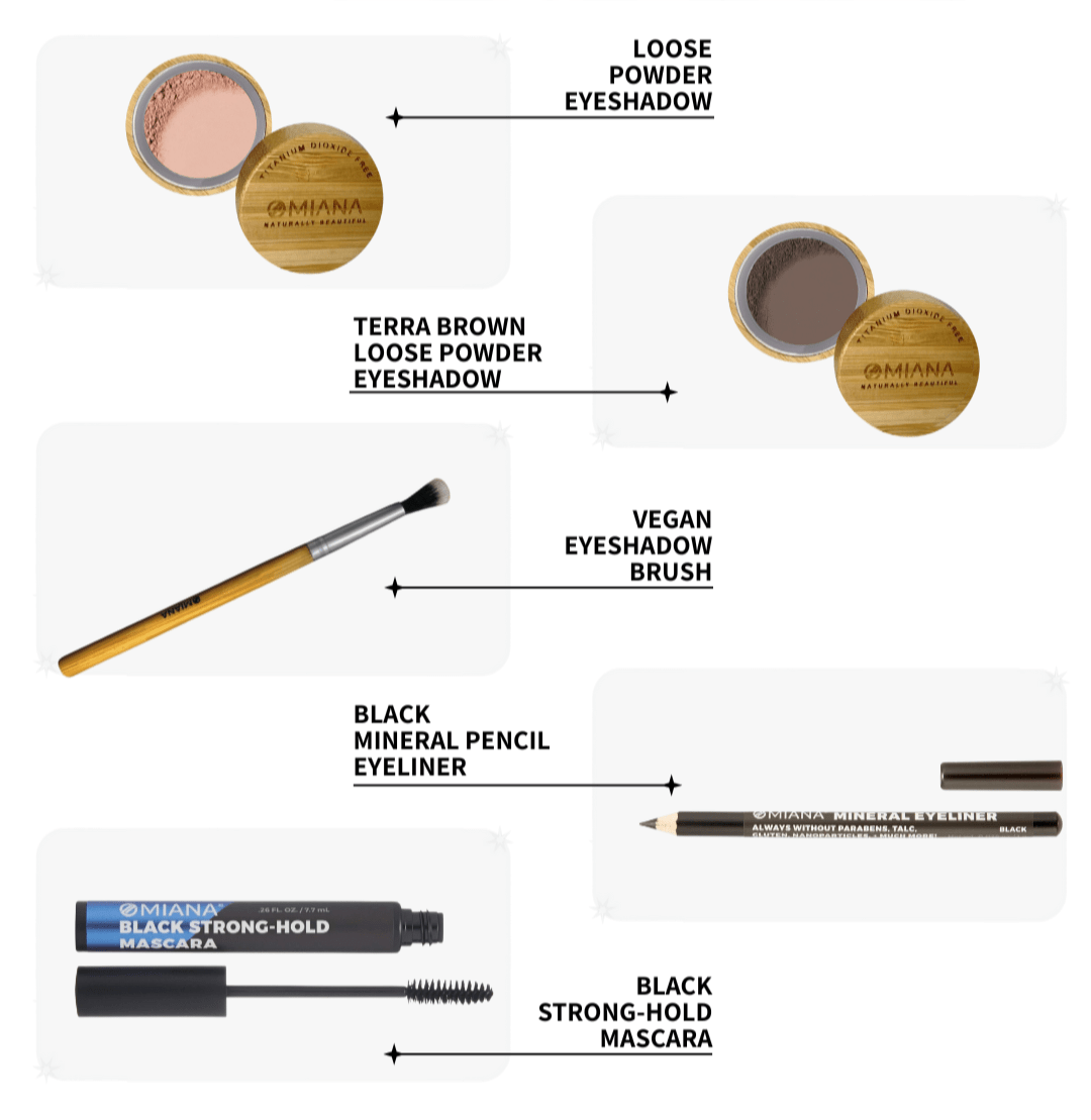 Mineral makeup that is titanium dioxide-free and mica-free in a clean beauty makeup set for sensitive skin with labels and a discount offer on a white background | Omiana