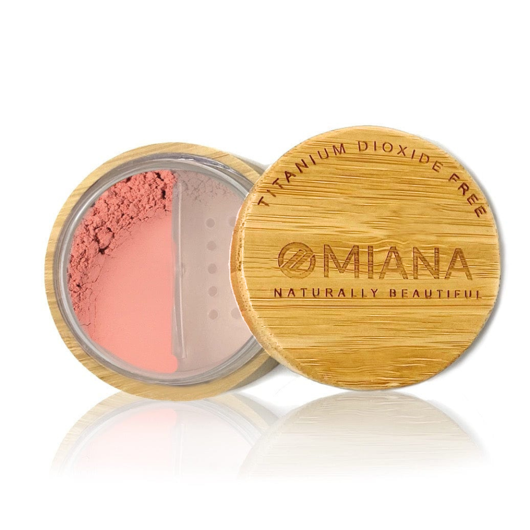 Omiana Loose Powder Mineral Blush Makeup in vegan bamboo container with bamboo lid on white background
