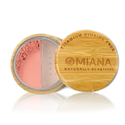 Omiana Loose Powder Mineral Blush Makeup in vegan bamboo container with bamboo lid on white background