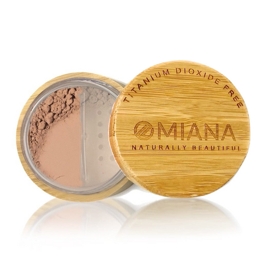 Omiana Loose Powder Mineral Bronzer Makeup in vegan bamboo container with bamboo lid on white background