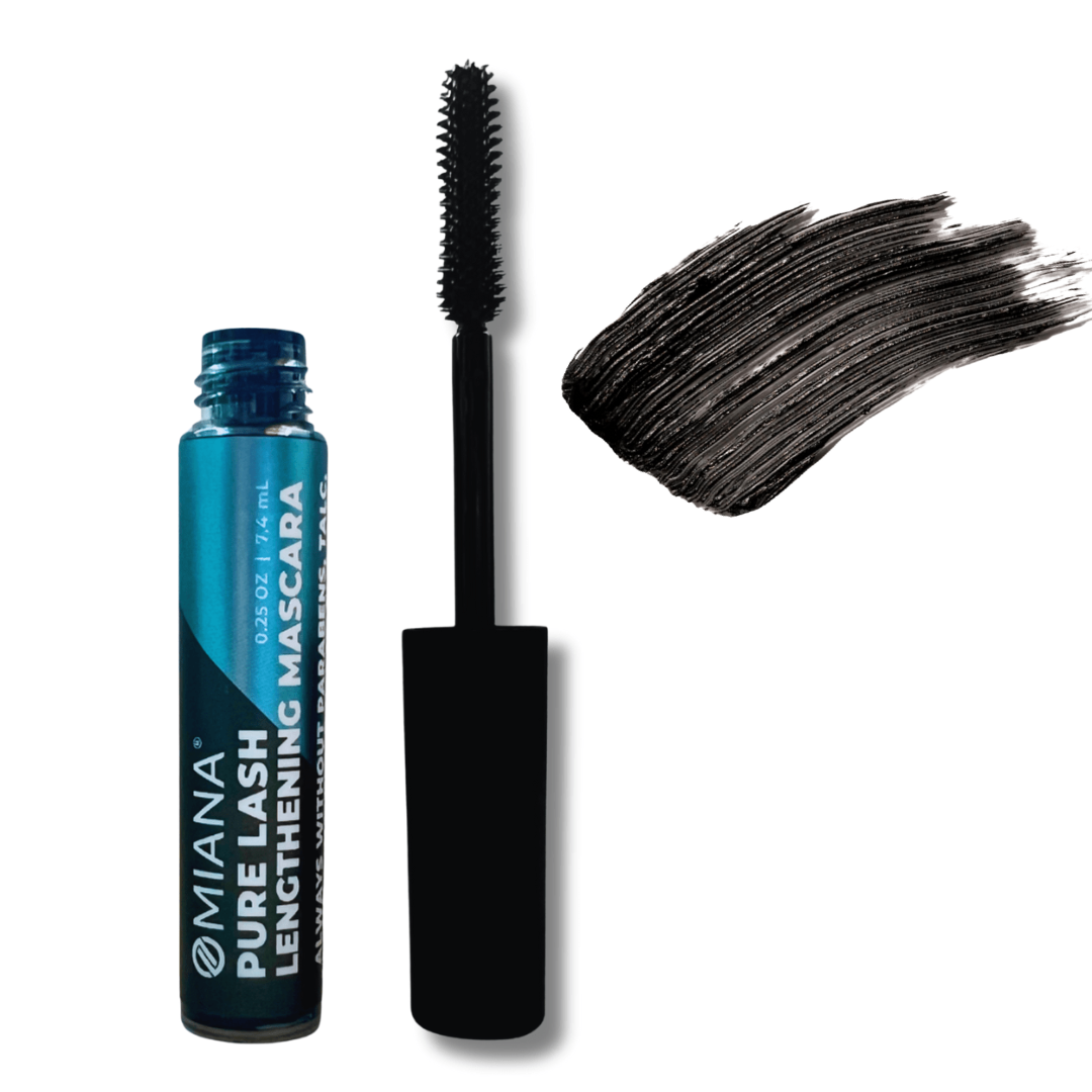 Omiana Pure Lash Lengthening Mascara with applicator and wand on a white background with black onyx swatch