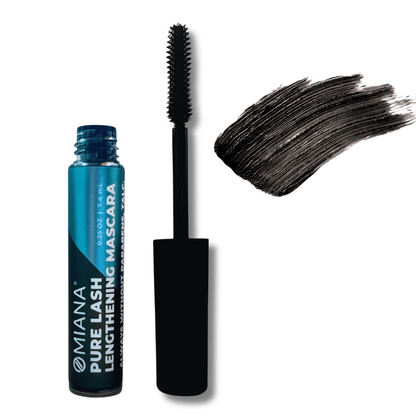 Omiana Pure Lash Lengthening Mascara with applicator and wand on a white background with black onyx swatch
