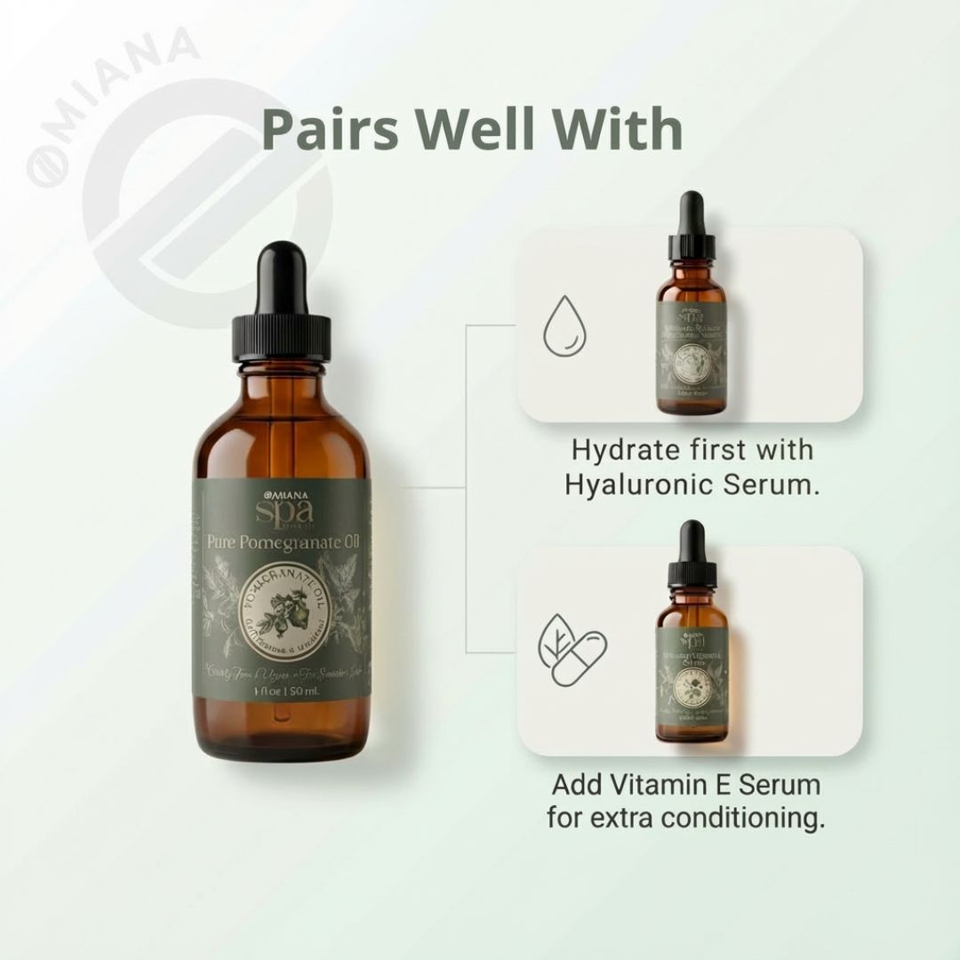 Bottle of pure pomegranate oil with text on how to use it as skincare, including pairing with a hyaluronic serum and vitamin E serum.