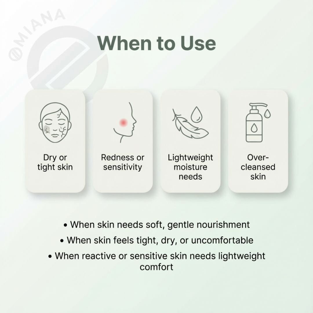 Omiana Pomegranate spa skincare oil when to use instructions with icons and text on a light gray background