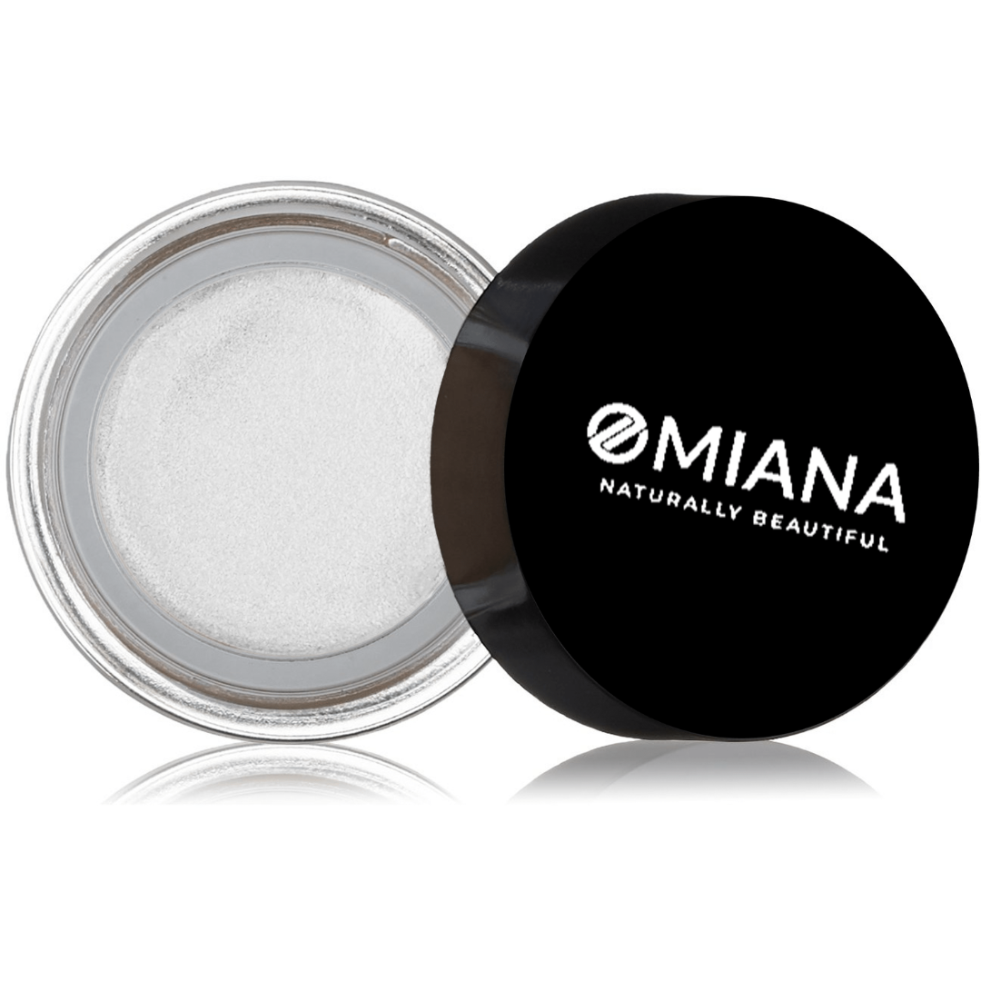 Mineral Makeup Clean Beauty Highlighter jar with lid open with pearl colored contents by Omiana
