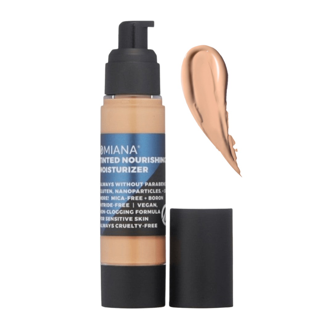 Cosmetic bottle of Omiana Tinted Nourishing Moisturizer with a swatch on a white background