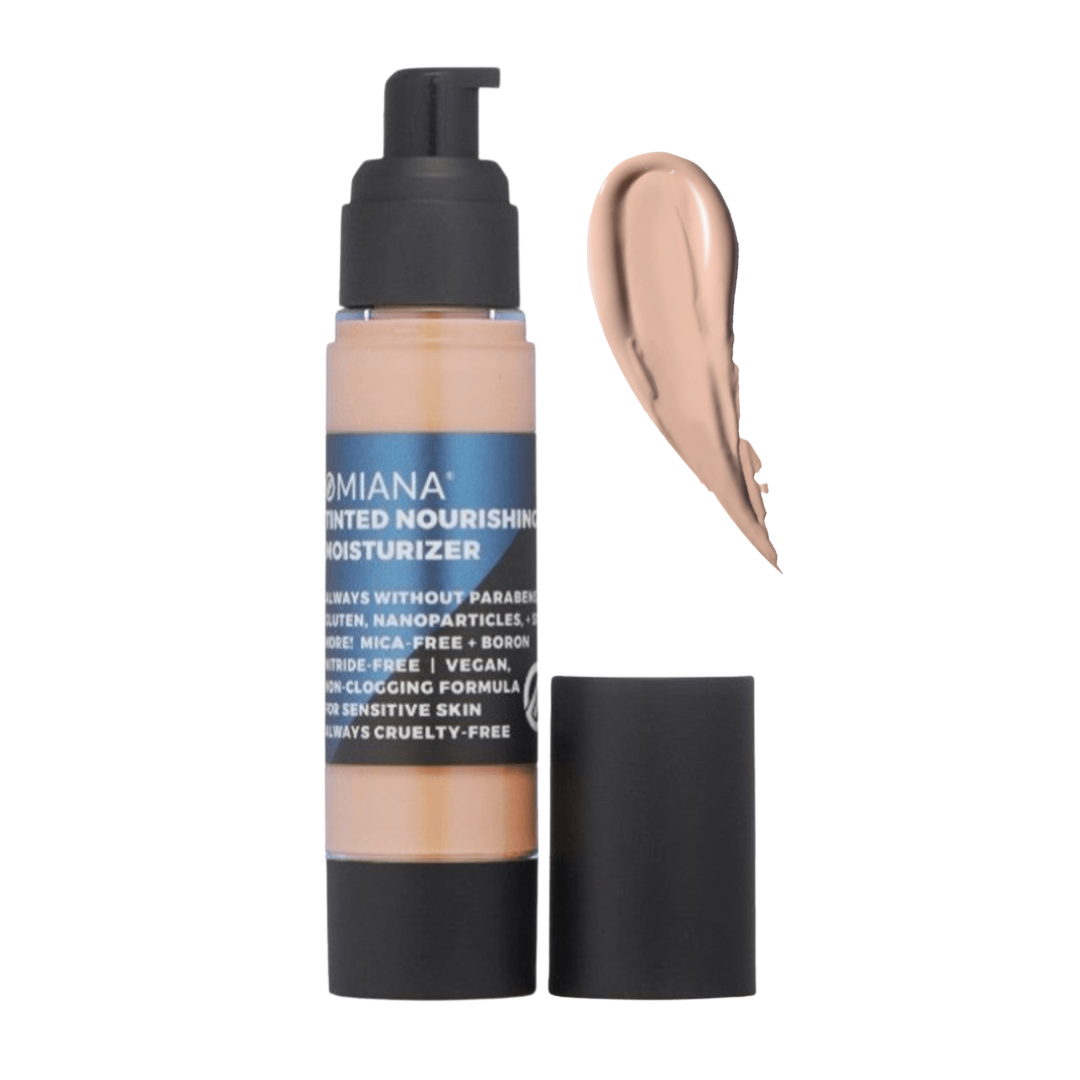 Cosmetic bottle of Omiana Tinted Nourishing Moisturizer with a swatch on a white background