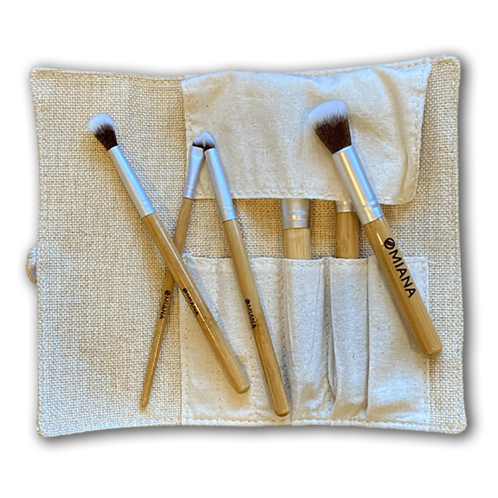 Vegan bamboo full-face 6-brush set with soft burlap carrying case.