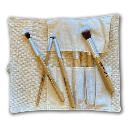 Vegan bamboo full-face 6-brush set with soft burlap carrying case.